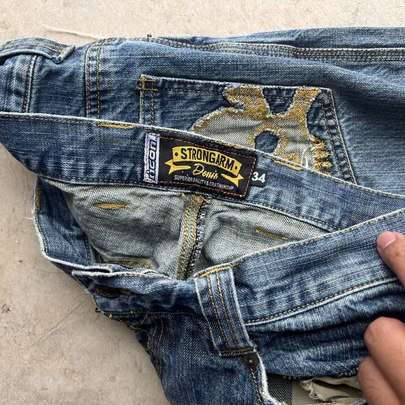 Icon Strongarm 2 Mens 34 Skull Blue Denim Double Knee Engineer straight Jeans - Picture 2 of 3